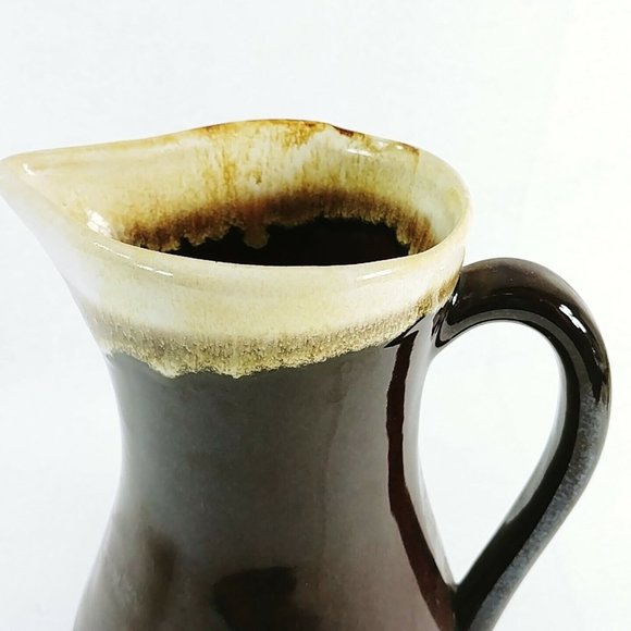 Pitcher Drip Glaze Pottery Brown Cream Farmhouse Country Cottage Vintage Decor - Picture 2 of 9